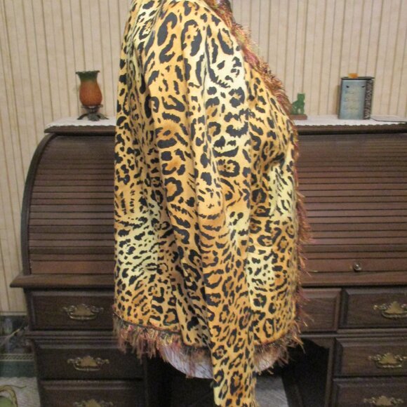 Vintage Anthracite Fringed Leopard Print Long Sleeved Short Jacket Sz. 8 - Picture 2 of 6